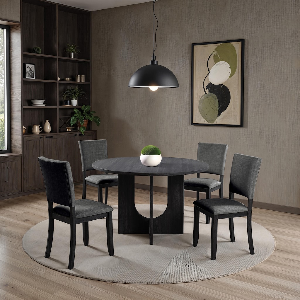5pc Dining Set Kitchen Dinette Upholstered Fabric Chairs Round Table Pedestal Base Table 4x Side Chairs Dining Room
