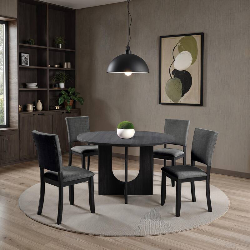 5pc Dining Set Kitchen Dinette Upholstered Fabric Chairs Round Table Pedestal Base Table 4x Side Chairs Dining Room - Dark Gray