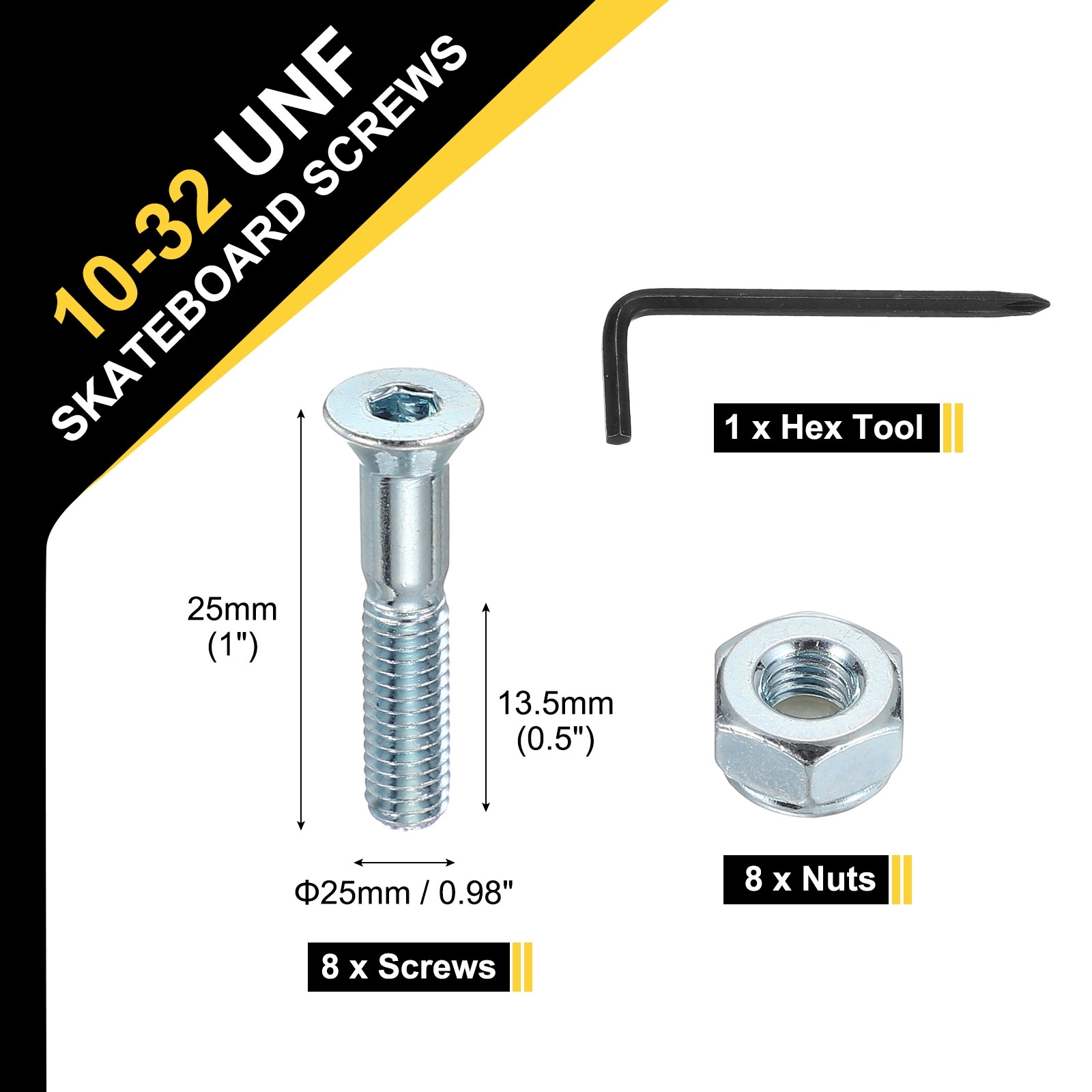 Skateboard Hardware Kit, Mounting Screws Bolts Nuts Set with Hex Key for Skateboard Cruiser