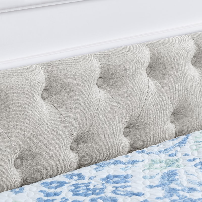 Linen Upholstered Daybed with 2 Drawers, Button-Tufted Backrest & Copper Nail Decoration