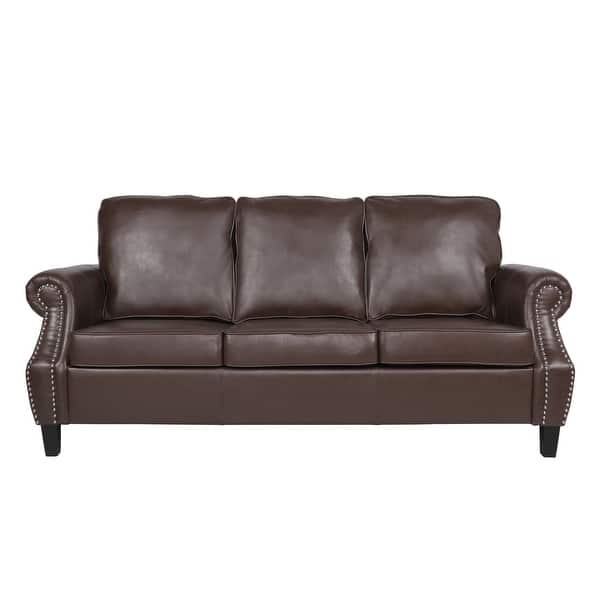 slide 2 of 9, Dowd Faux Leather 3 Seater Sofa with Nailhead Trim by Christopher Knight Home Dark Brown