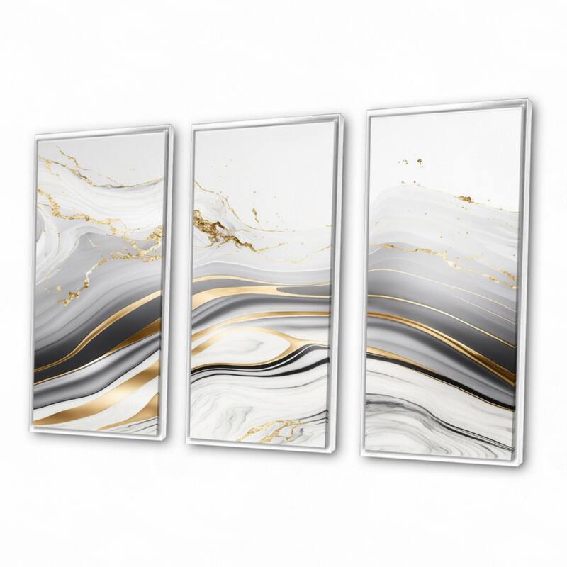 Designart "Abstract Geode Marble Waves Grey III" Modern Waves Framed Canvas Art Print - 3 Panels