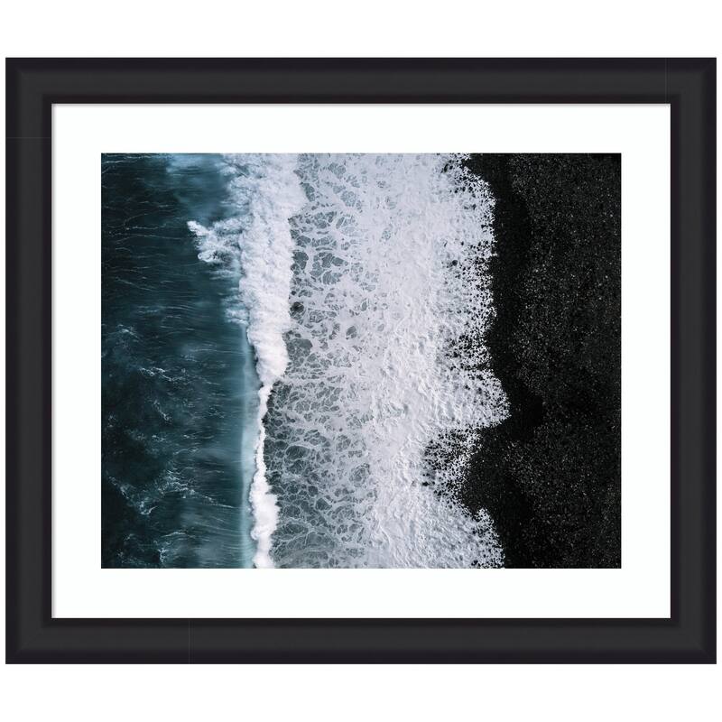 Kate and Laurel Framed Art Ocean Waves on the Black Beach in Iceland by Michael Schauer - 27x23 - Black