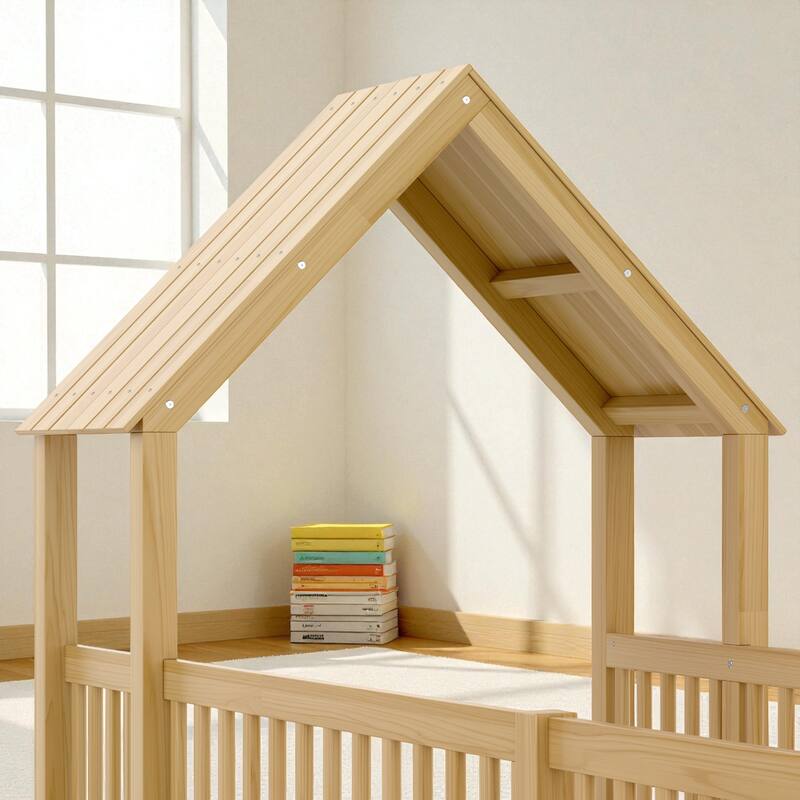 Twin/Full Size House Floor Bed with Door and Guardrails, Double Twin/Full Solid Wood Montessori Bed for Kids