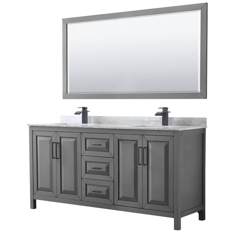 Wyndham Collection Daria 72" Free Standing Double Vanity Set with MDF - Dark Gray / White Carrara Marble Top / Matte Black - Steel Finish