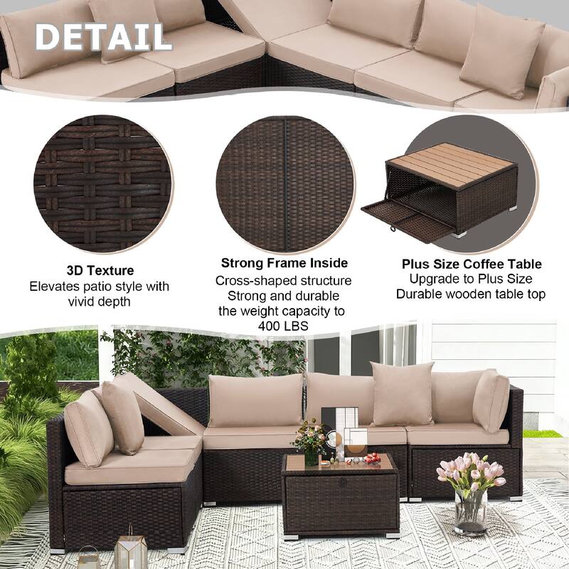 EROMMY 6/7 Piece Modular Outdoor Rattan Sofa Set, All-Weather Wicker Patio Furniture with Storage Table, Cushions & Pillows