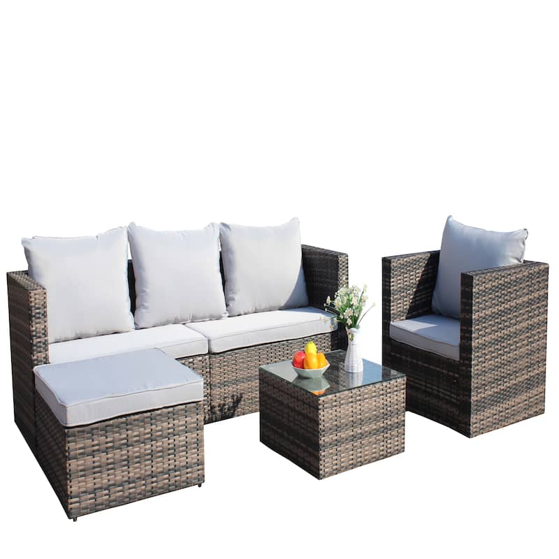Outdoor 4-Piece PE Rattan Wicker Cushioned Sofa Set and Coffee Table
