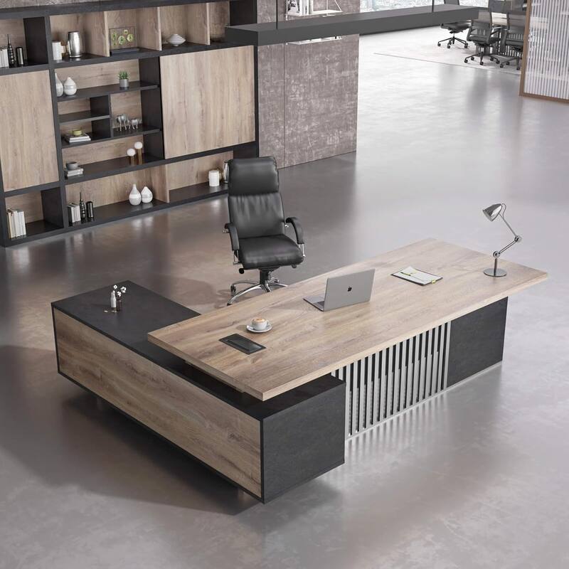 Large L-Shaped Executive Desk with Drawers Cabinet Cable Management