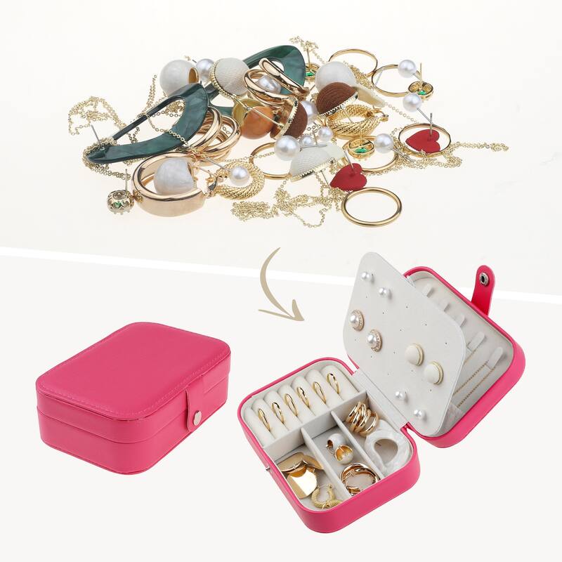 Travel Jewelry Box for Women, Teen Girl Gifts, Portable Leather Jewelry Organizer Case Storage Display Holder - 16x11x5cm - Rose Red