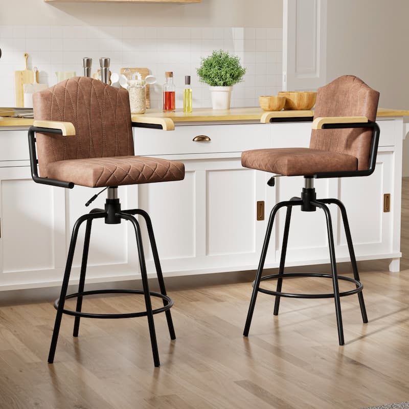 VECELO Set of 2/4 Brown PU Leather Swivel Bar Stools Comfortable Swivel Bar Stools with Footrest Fixed Height Tufted Bar Stools - Set of 2 - Brown