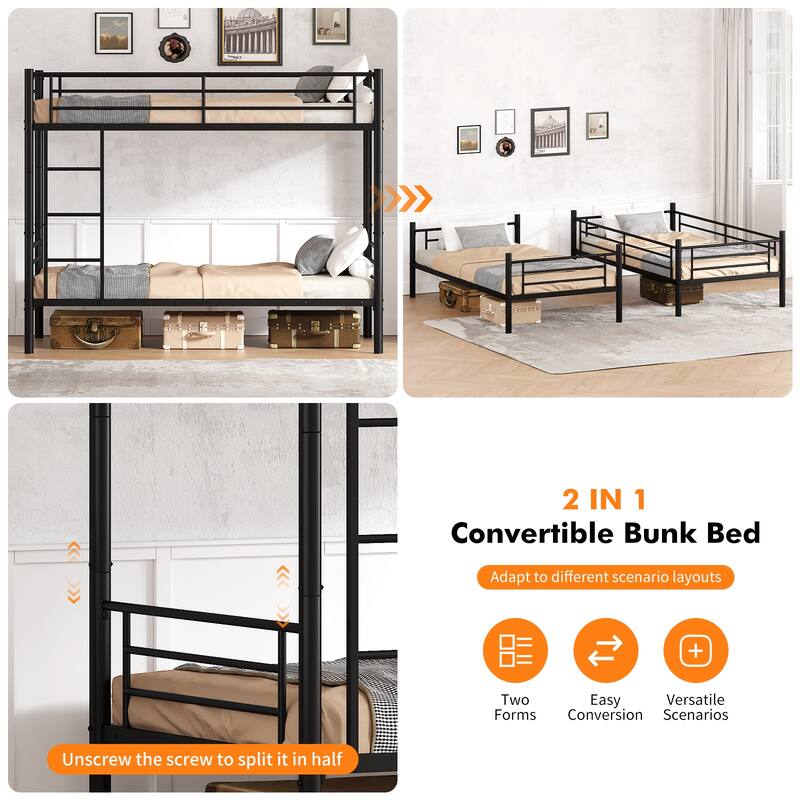 Twin Over Twin Bunk Bed Metal Frame Black Finish Ladder Guardrail
