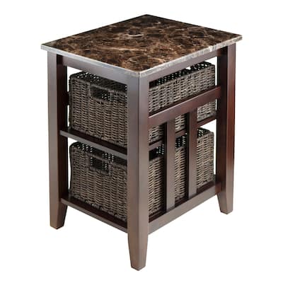 Zoey Accent Table with 2 Foldable Corn Husk Baskets, Faux Marble Top, Chocolate and Walnut - 16.54 x 20.08 x 25.04 inches