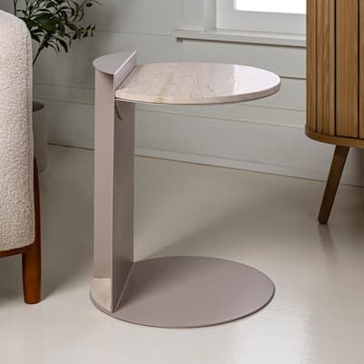 Javier 20" Contemporary Natural Marble/Metal Handmade C-Shaped End Table, Beige/Pink Beige, by JONATHAN Y.
