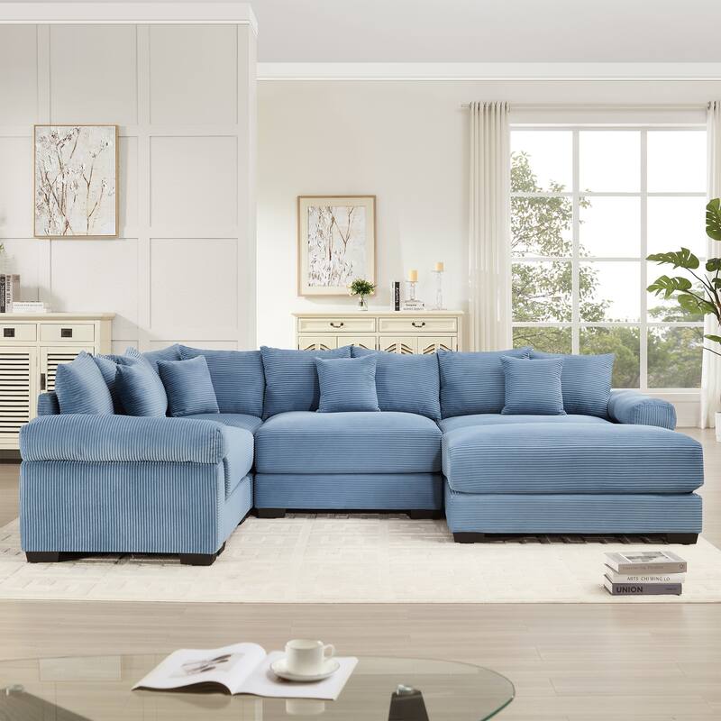 4-Seat Convertible Cloud Corduroy Modular Sofa with 13 Throw Pillows