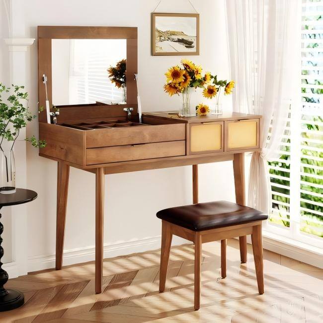 Makeup Vanity Desk Set with Mirror and Drawers - Brown