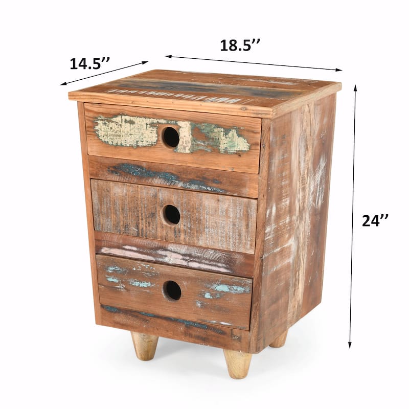 Reclaimed Wood Nightstand with 3 Drawers, Vintage Bedside Table
