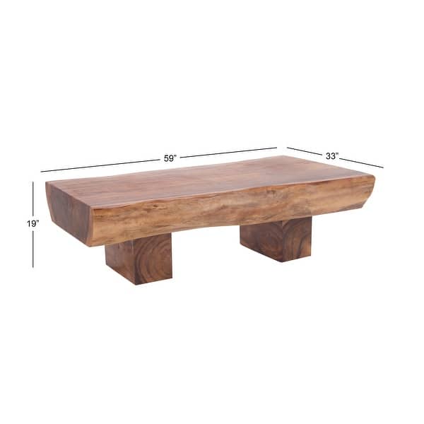 Brown Wood Handmade Live Edge T Stand Living Room Coffee Table with Block Legs