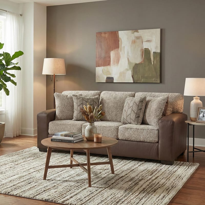 Roundhill Furniture Marvella Living Room Sofa with Chocolate Faux Leather Upholstery and Curly Shearling Cushions