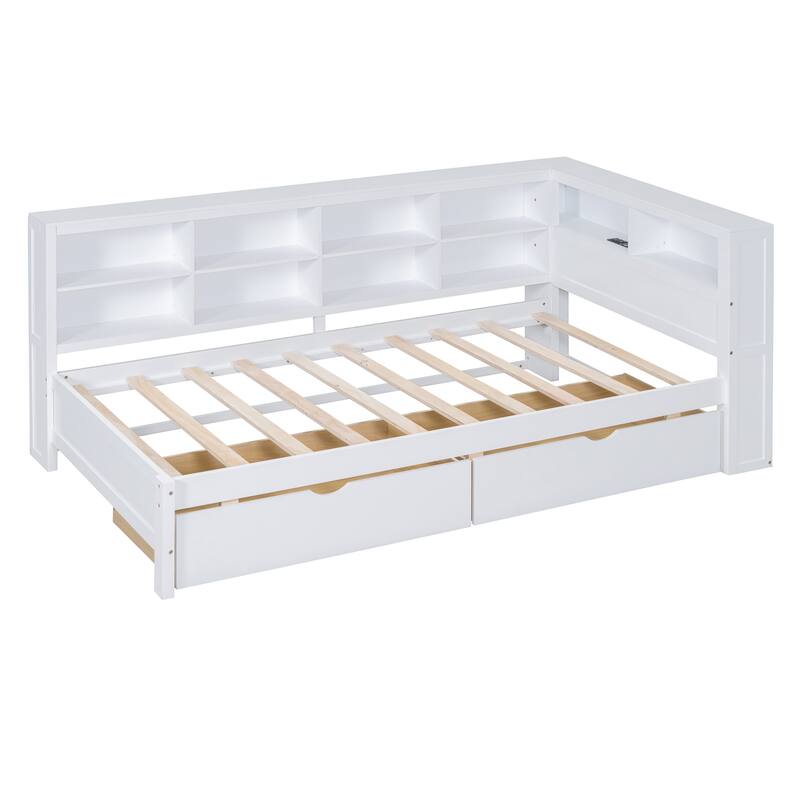 Wooden Daybed with Drawers, Shelf, and USB Ports