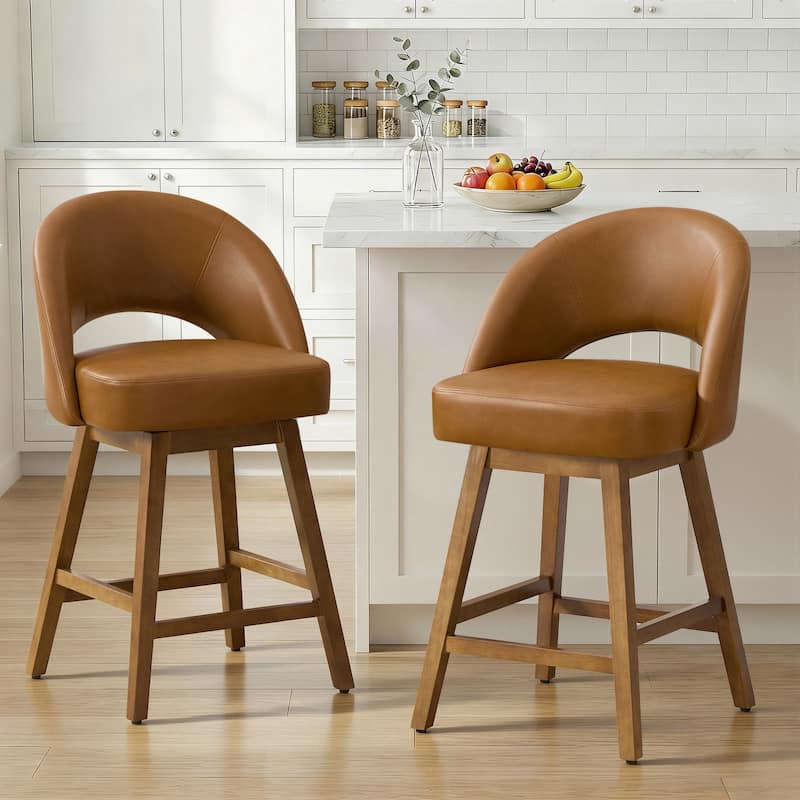 Upholstered Swivel Counter Height Bar Stools with Cutout Back and Solid Wood Frame - 38.2"H x 22.1"W x 23.6"D - Set of 2 - Brown