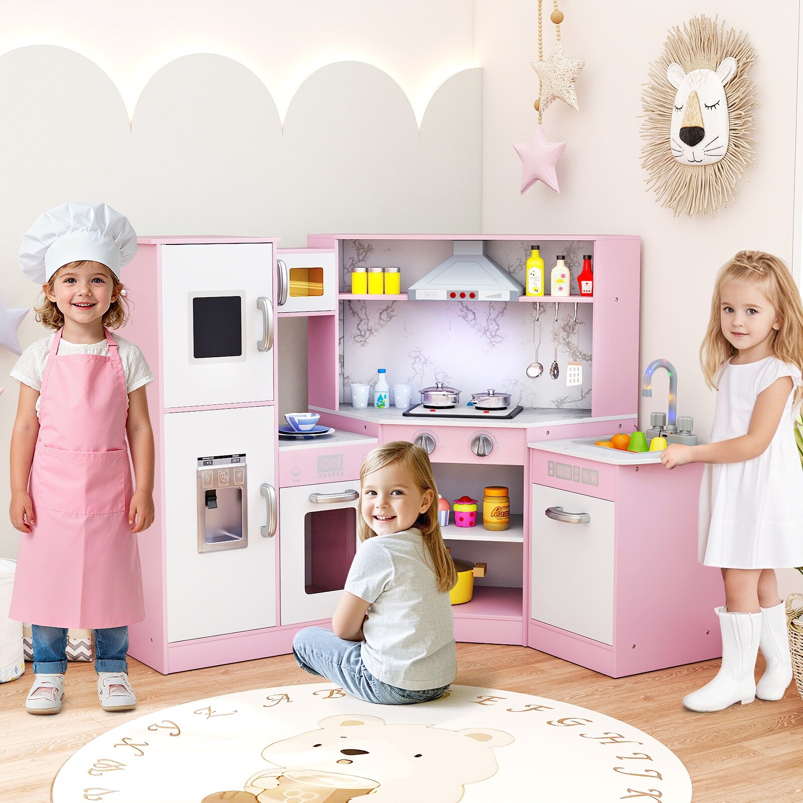 Corner Kids Play Kitchen Set with Lights, Ice Maker, Dishwasher