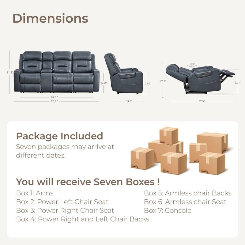 Spruce & Spring Genuine Leather Power Reclining Sofa with Wireless Charging