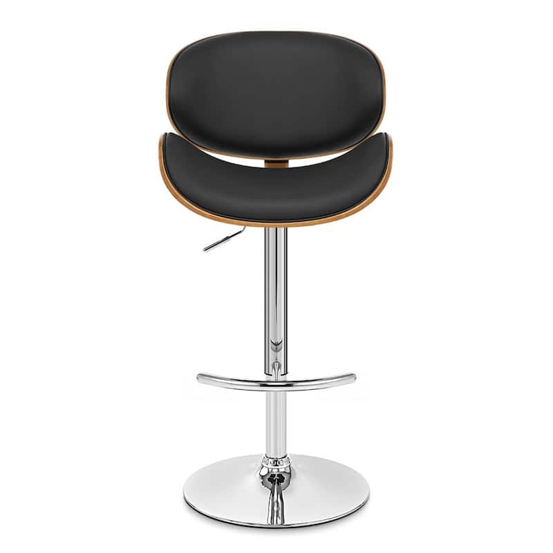 Black Faux Leather Adjustable Height Swivel Bar Chair with Chrome and Wood Pedestal - 20” x 21” x 41” (D x W x H)