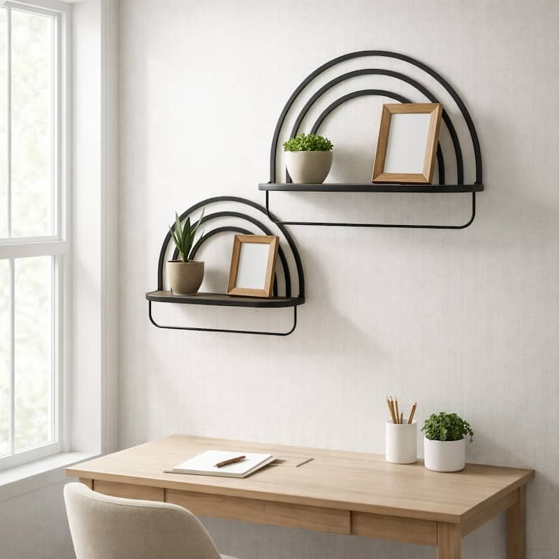 Metal Wood Rainbow Wall Sheves - Set of 2 - 20.0" - Brown/Black