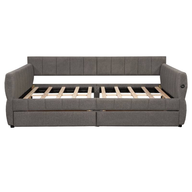 Upholstered Daybed with 2 Storage Drawers, Queen Size Sofa Bed Frame with USB Ports Design and Wood Slats Support