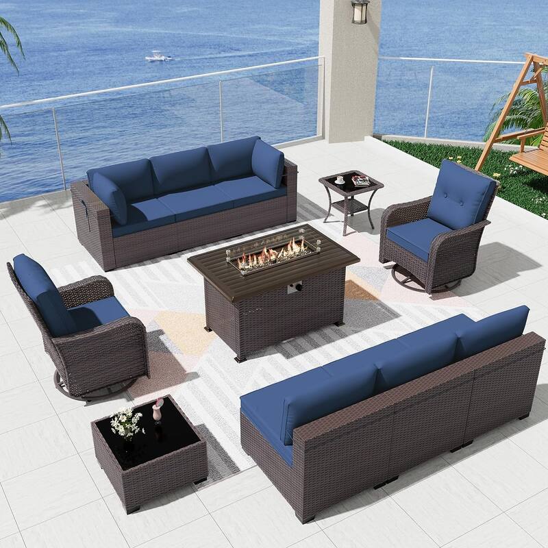 Patio Furniture Sectional Sofa Set, PE Rattan Swivel Rocking Chairs Patio Conversation Set - 11Pcs w/Swivel&Firepit - Navy Blue