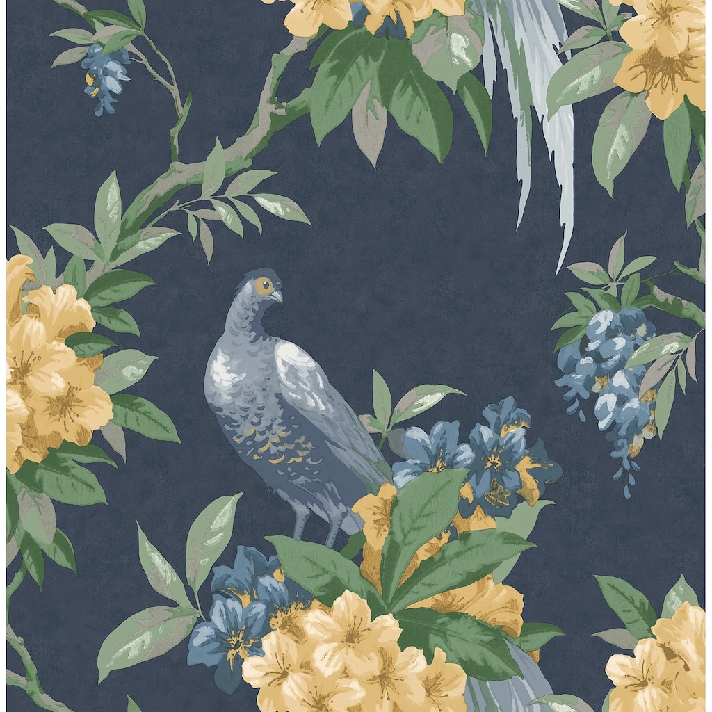 Brewster Golden Pheasant Dark Blue Floral Wallpaper