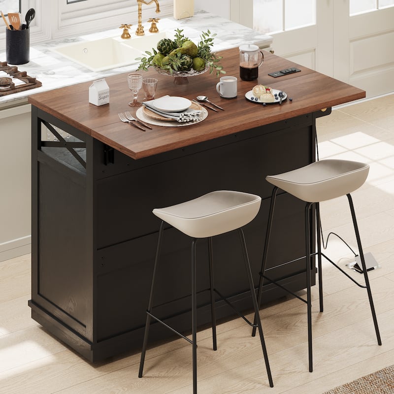 46.5''Farmhouse Kitchen Island with Drape of Beads, Power Outlet,Rolling Kitchen cart on Wheels with Drop Leaf,3 Doors,3 Drawers