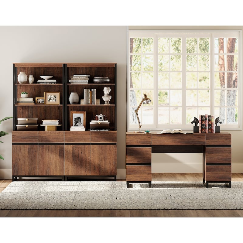 WAMPAT 59in Modern Executive Desk with Charging Station & Drawers and 2 PCS 72in Tall Bookcases with Storage Cabinet.