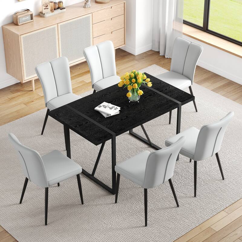 Kitchen Dining Table Set for 4-6 People, Rectangular Wooden Table with Faux Leather Dining Chairs