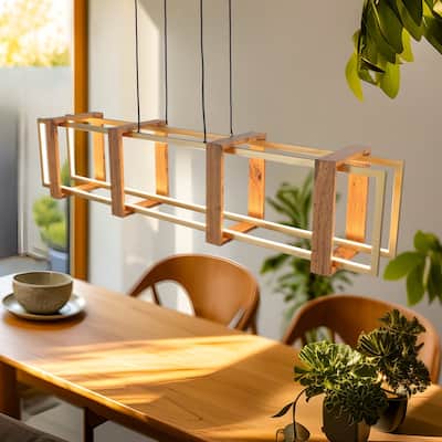 40 in. LED Rectangular Wood Chandelier, Modern Pendant Light Fixture, Dimmable Kitchen Chandeliers for Dinning Room
