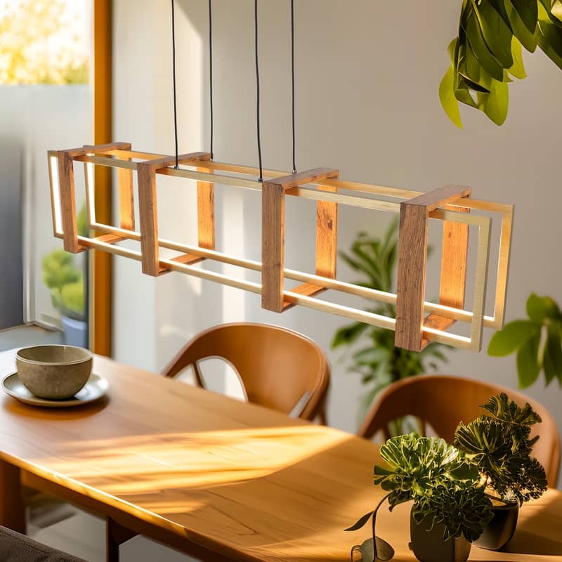 40 in. LED Rectangular Wood Chandelier, Modern Pendant Light Fixture, Dimmable Kitchen Chandeliers for Dinning Room