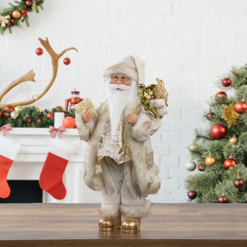18" Ivory and Gold Santa Claus with Gift Bag Christmas Figure