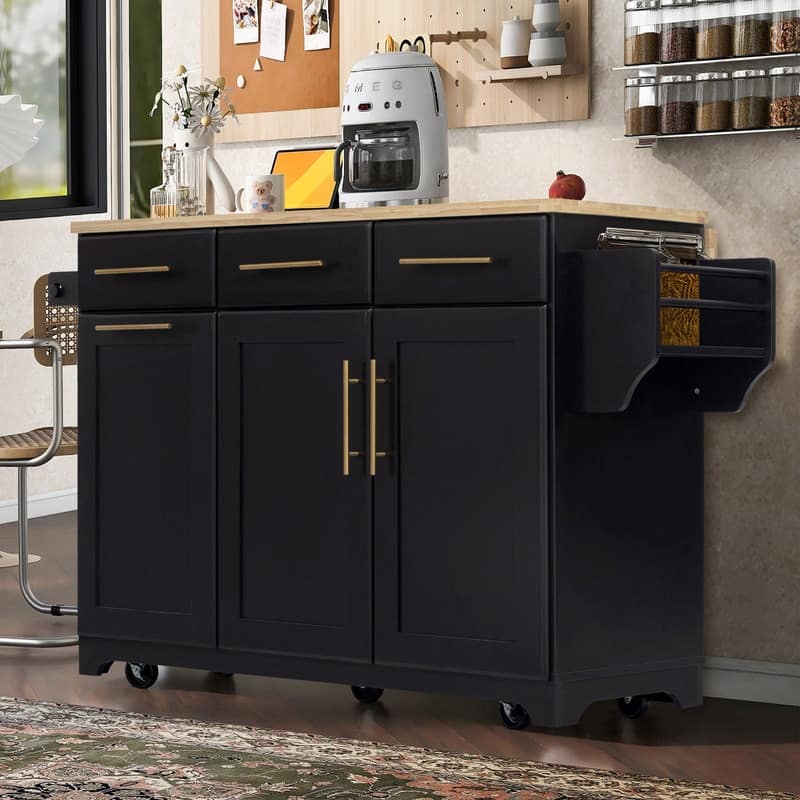 59.3" Rolling Kitchen Island with Storage and Pull-Out Organizers Rubber Wood Drop Leaf Rolling Design for Versatile Use - Black