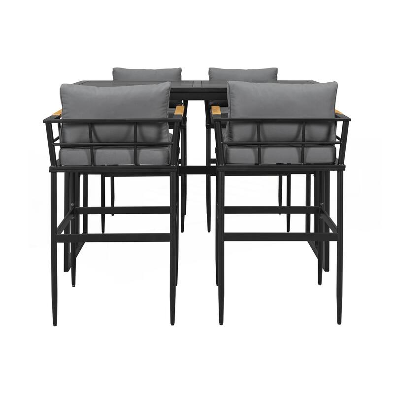 Iron Outdoor Dining Set with Acacia Wood Armrest
