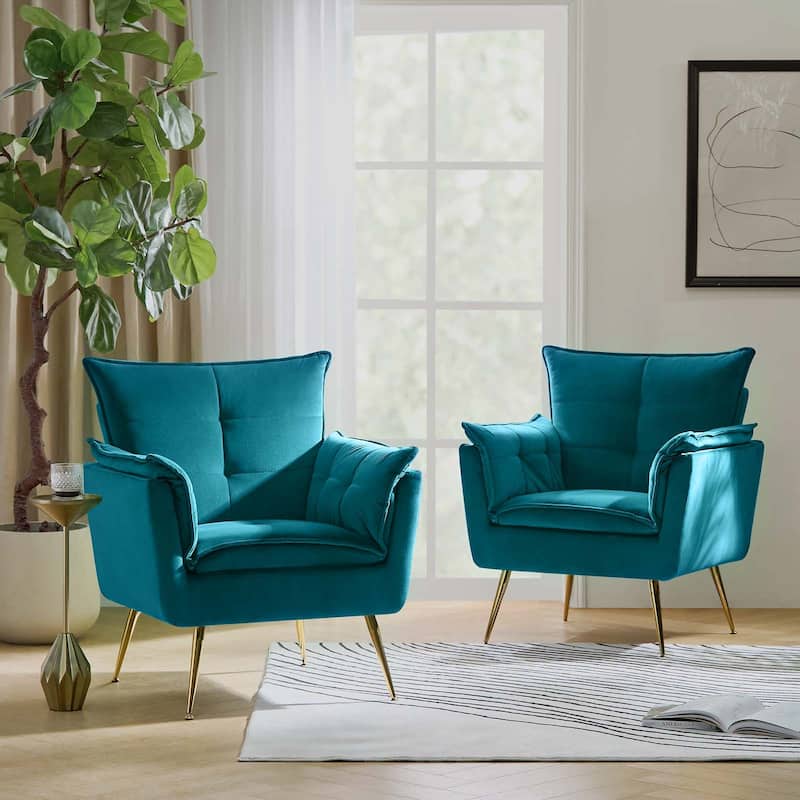 1ida Modern Velvet Tufted Accent Armchair with Gold Metal Legs Set of 2 by HULALA HOME - TEAL