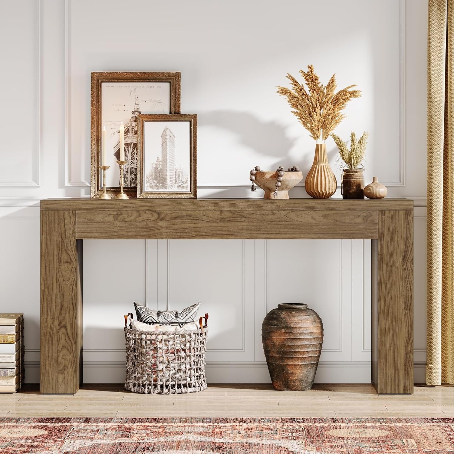 59" Rustic Brown Farmhouse Console Table with Vertical Slat Legs, Entryway Sofa Table for Hallway or Living Room