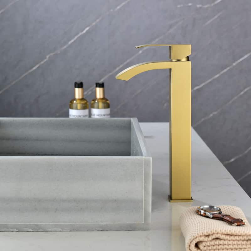 Single Hole Bathroom Vessel Faucet 1 Handle Bathroom Vessel Sink Faucet Waterfall Modern Basin Vanity High Tall Taps No Drain