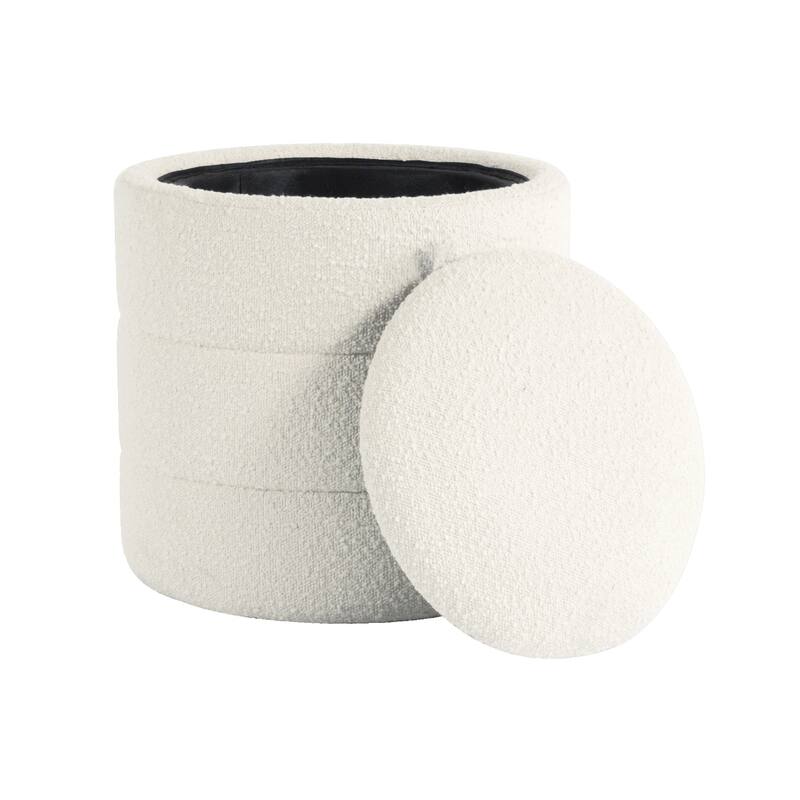 Pero 18 Inch Round Storage Ottoman with Removable Lid in White Boucle Fabric - White