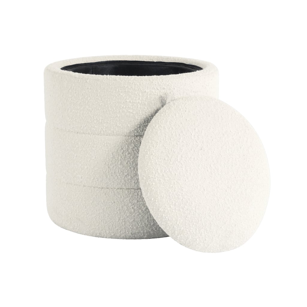 Pero 18 Inch Round Storage Ottoman with Removable Lid in White Boucle Fabric