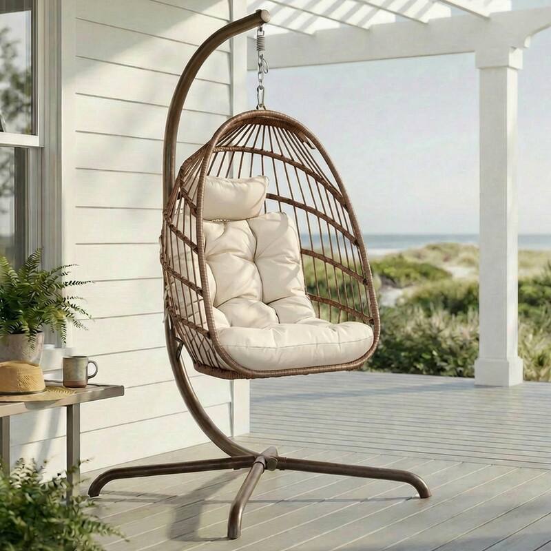 Oversized Wicker Hanging Egg Chair with Stand, Outdoor Indoor Swing Chair with Cushion, 350 lb Capacity - Brown