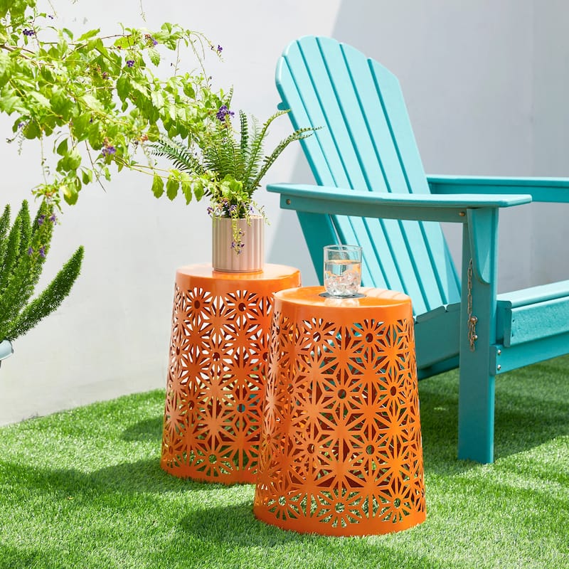 Glitzhome 17.5"H Set of 2 Cutout Geometric Pattern Solar Powdered LED Light Garden Stool - Orange