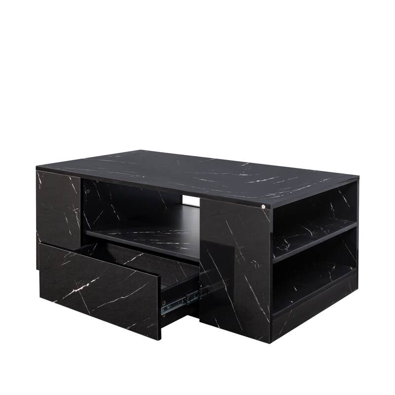 Roomfitters LED Coffee Table with 2 Drawers and Open Shelf, Modern Storage Center Table for Living Room, Black