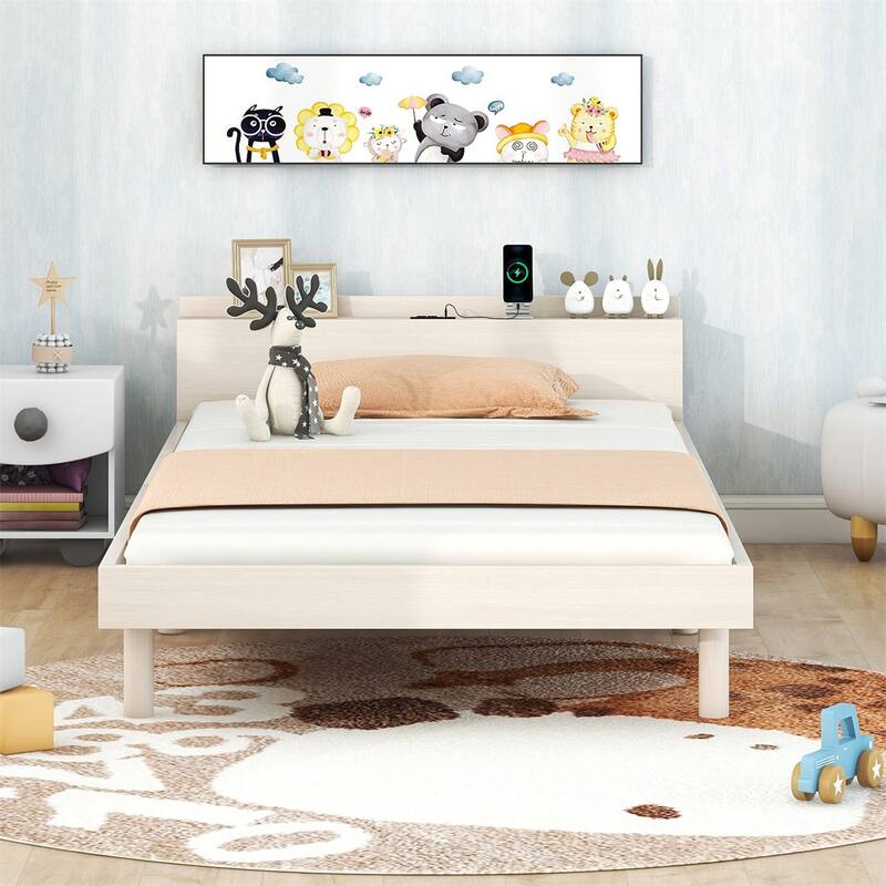 Modern Twin Size Wooden Platform Bed Frame with USB Ports, Slats