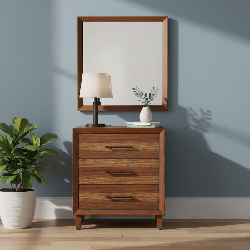 Paul 35 Inch Small Dresser Chest, 3 Drawers, Metal Bar Handles, Warm Brown