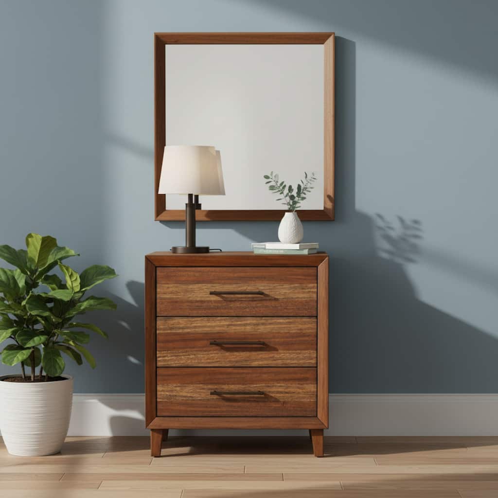 Paul 35 Inch Small Dresser Chest, 3 Drawers, Metal Bar Handles, Warm Brown